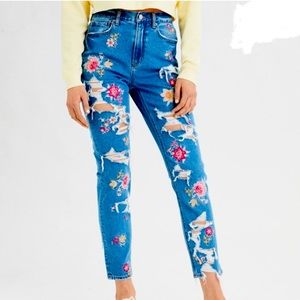 American Eagle flower embroidered indigo mom jean